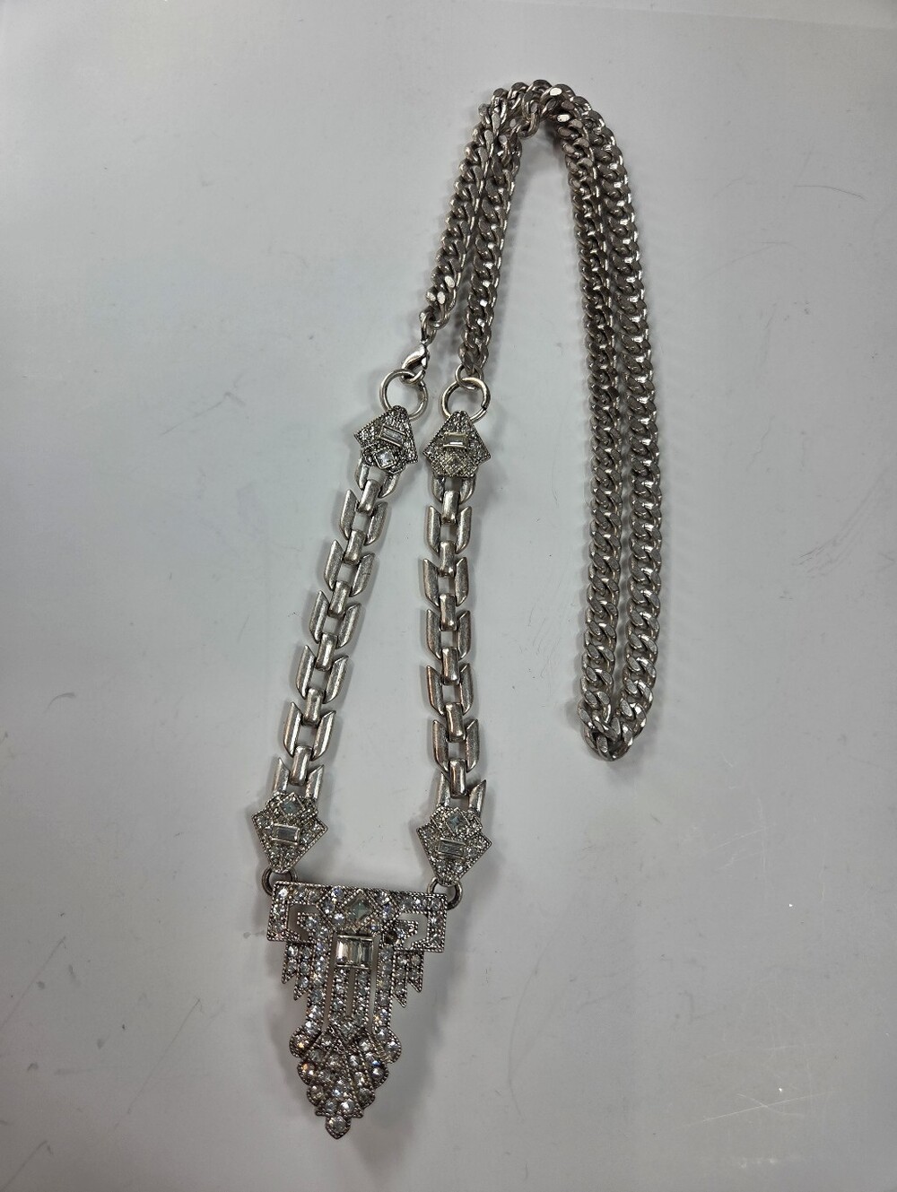 Silver tone Crystal Art Deco long Pendant Necklace blingy clear rhinstones 30in